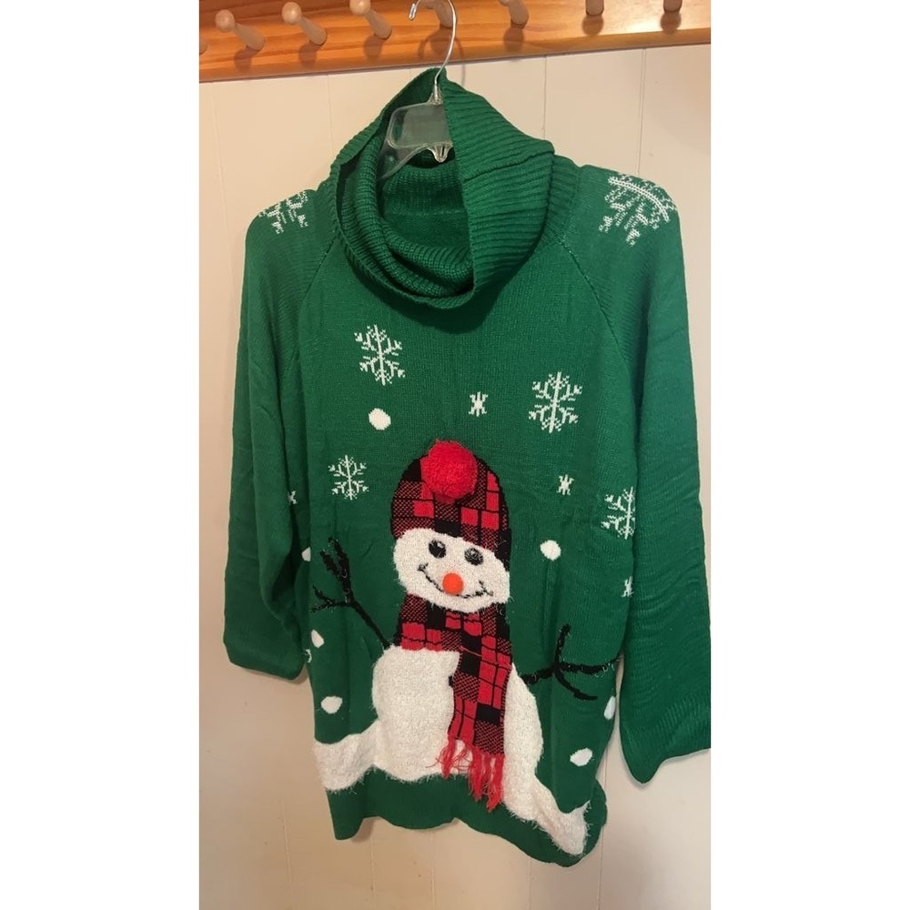 Green Snowman Christmas Sweater with Cowl Neck